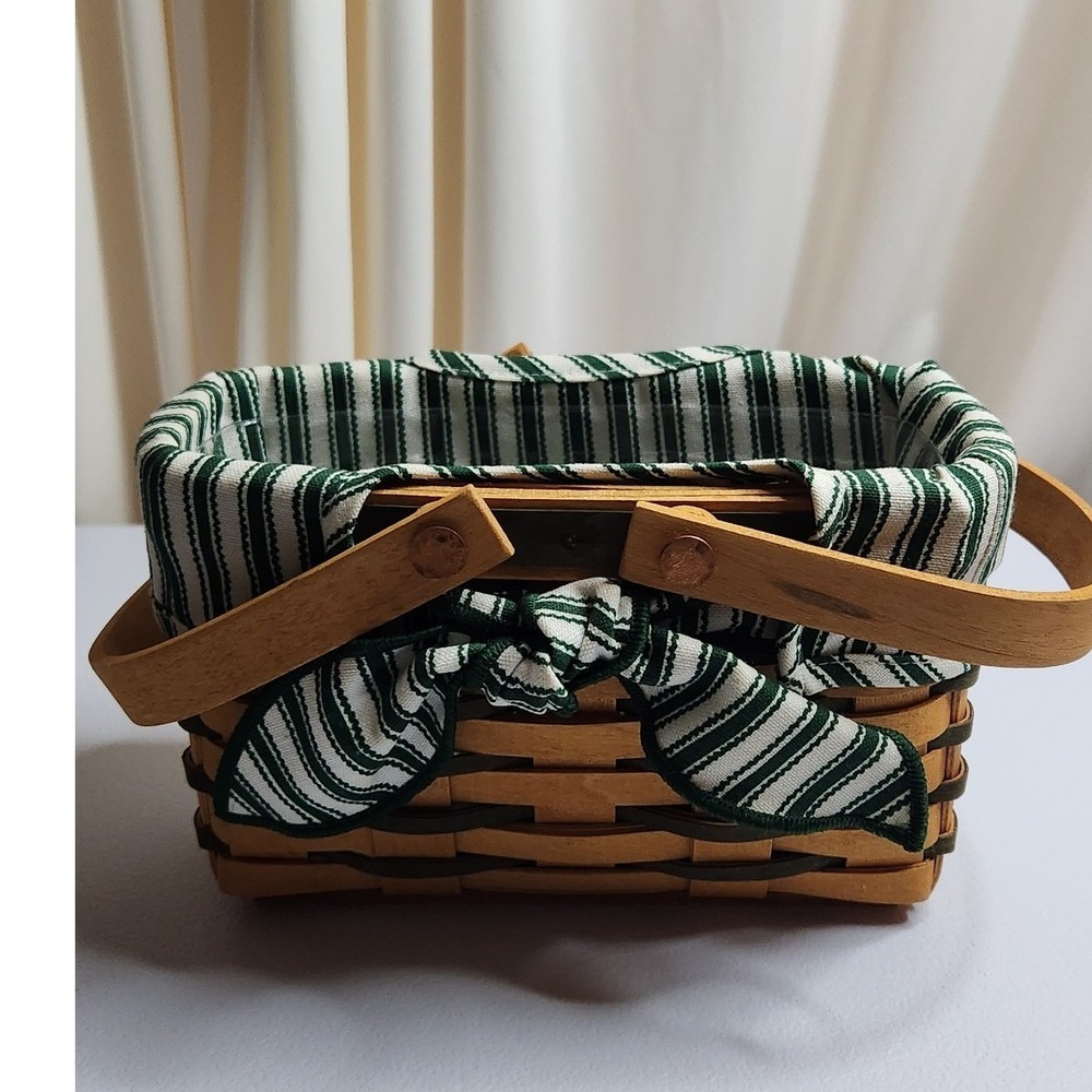 Longaberger 1999 Handwoven Basket Green Stripe Liner Plastic Protector